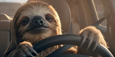 AI-generated illustration of a sloth behind a steering wheel from Progressive's 