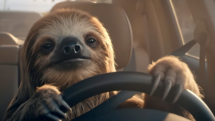 AI-generated illustration of a sloth behind a steering wheel from Progressive's 